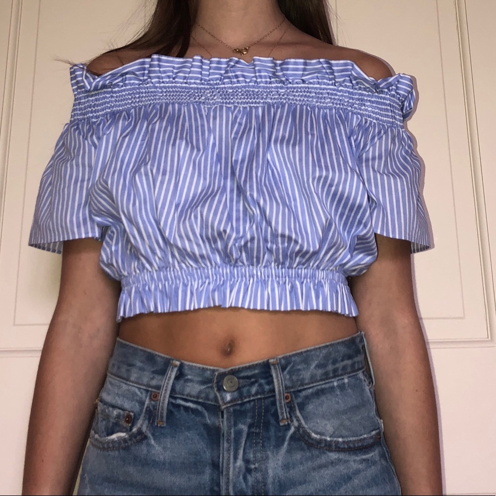 Pin stripe off the shoulder top